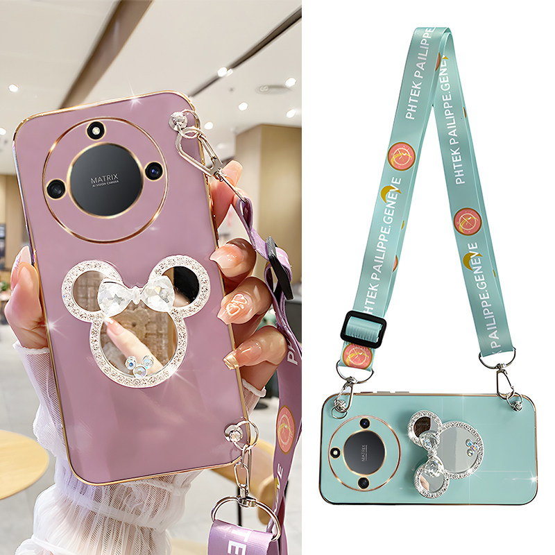 适用带补妆镜子支架荣耀x50手机壳新款x30女米奇可爱x40防摔x60i全包边x10max硅胶v40斜挎X70背带x20se挂绳x9