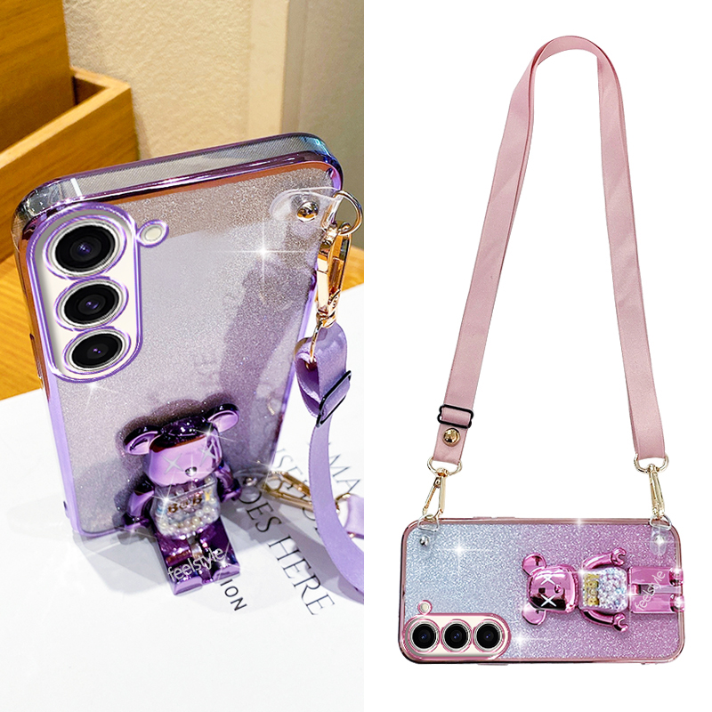 适用三星s24手机壳女新款闪粉暴力熊支架s23ultra带挂绳s21plus斜挎可背s22+镜头全包边s20fe防摔s25硅胶软壳