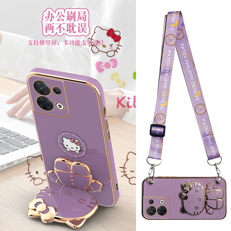 适用kt凯蒂猫opporeno8手机壳磁吸贴片reno7pro带支架镜子reno12斜挎reno14可背reno13挂绳reno9镜头全包防摔