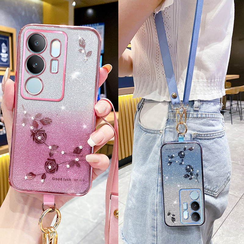 适用渐变色vivos17手机壳新款闪粉s18pro镜头全包边s16防摔s15硅胶s12透明软壳s10斜挎s9可背s7e带挂绳挂脖子