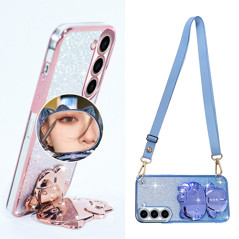 凯蒂猫适用三星s23手机壳带补妆镜子支架s25闪粉软壳s24plus软硅胶防摔s21fe镜头全包边s22ultra斜挎可背挂绳