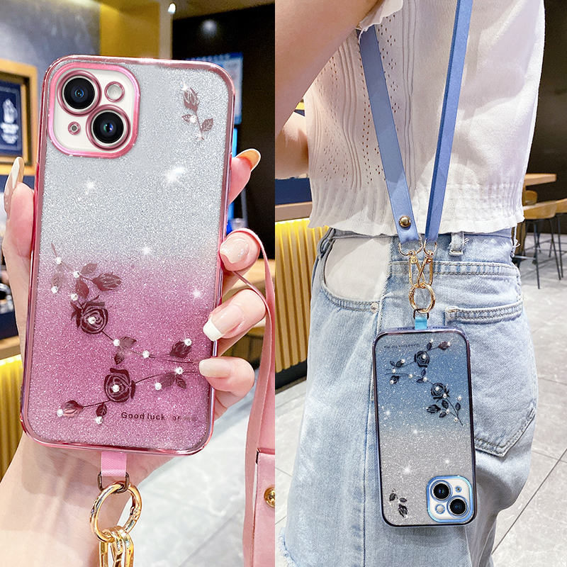 适用渐变色苹果15手机壳新款闪粉iPhone13镜头全包12pro防摔硅胶16promax透明软壳14plus带挂绳11斜挎xs可背