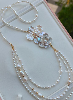 长款珍珠毛衣链温柔小花项链