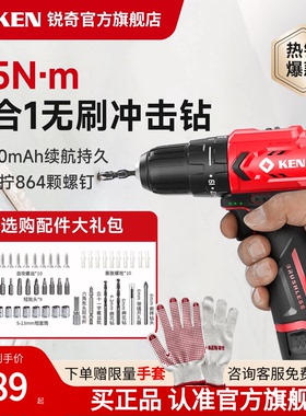 KEN锐奇无刷锂电钻12V手持电动冲击钻家用充电手枪钻孔工具 Q12XT