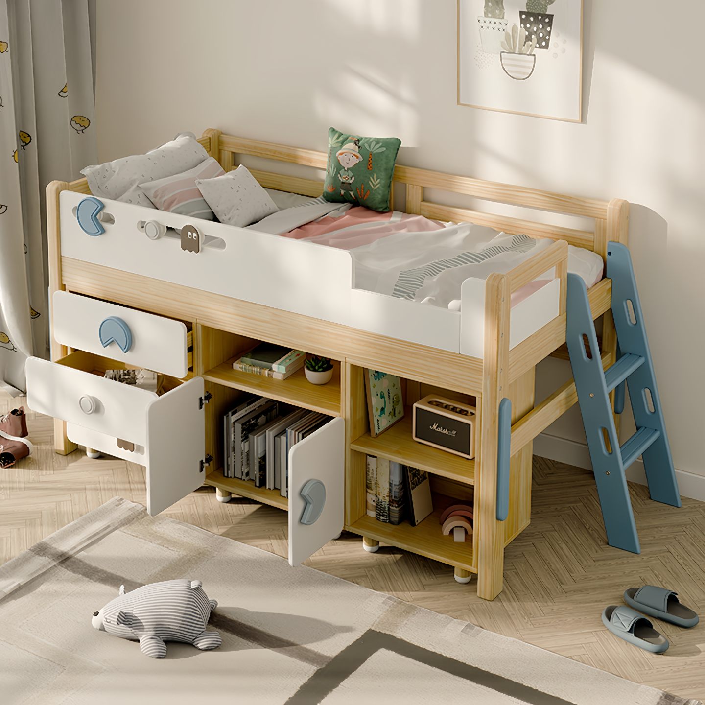 实木带书桌儿童床多功能中高床