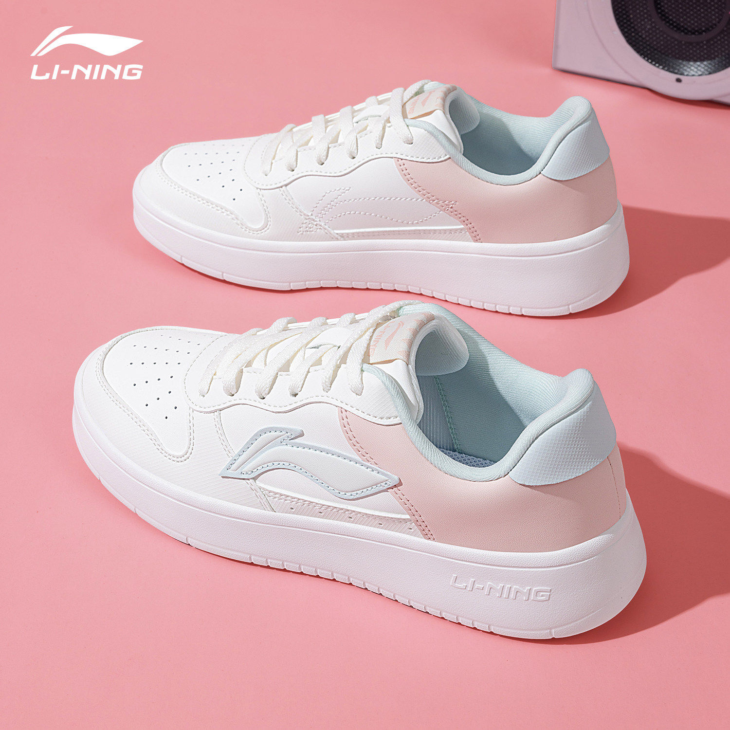 李宁板鞋女秋冬季新款粉色浮舟低帮滑板鞋休闲鞋女生小白鞋运动鞋