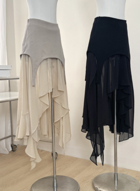 【不买睡不着】重工设计感不规则多褶网纱拼接显瘦半身裙女韩系