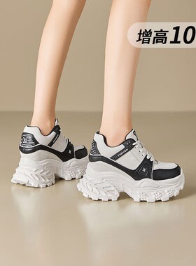 明星10cm内增高红色老爹鞋女款2026春季厚底12公分真皮运动休闲鞋