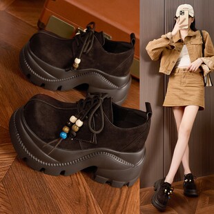 明星同款厚底内增高松糕乐福鞋女款真皮2025秋冬小个子高跟单鞋潮