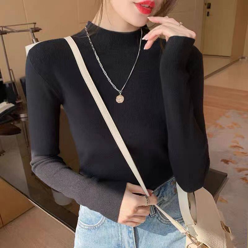 早秋新款半高领打底衫女修身薄款2024韩版纯色毛衣长袖针织衫内搭