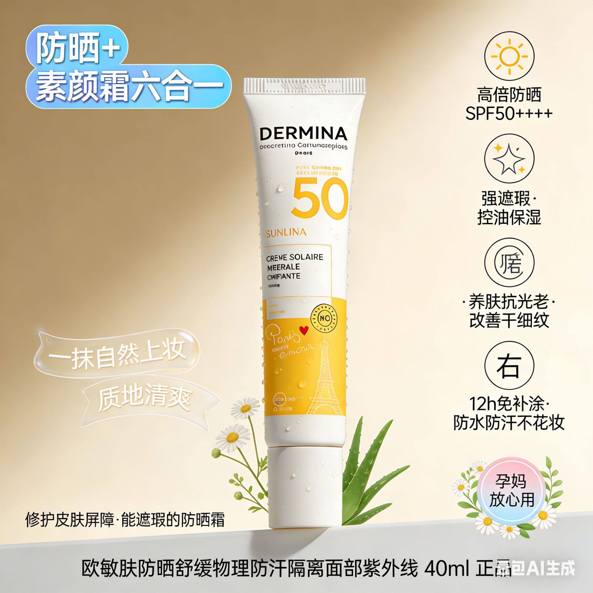 抖音爆款巴黎欧敏肤DERMINA高倍防晒霜孕妇可用六合一隔离防晒
