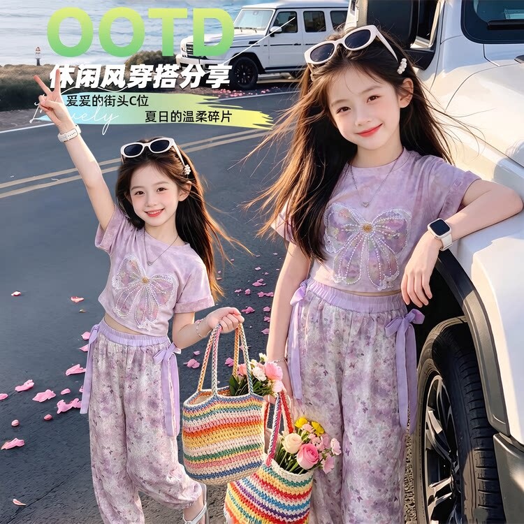 2026夏季女童蝴蝶结短袖三件套新款儿童洋气宝宝休闲夏装套装