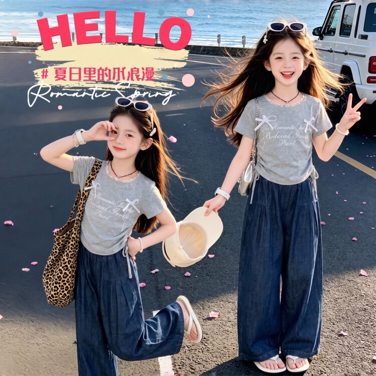 女童夏季套装2025新款小女孩9洋气短袖T恤牛仔九分阔腿裤薄款夏装