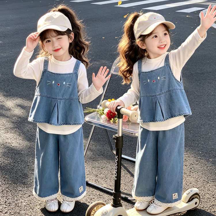 女童秋装套装洋气2026新款儿童春秋款女宝宝牛仔马甲阔脚裤三件套