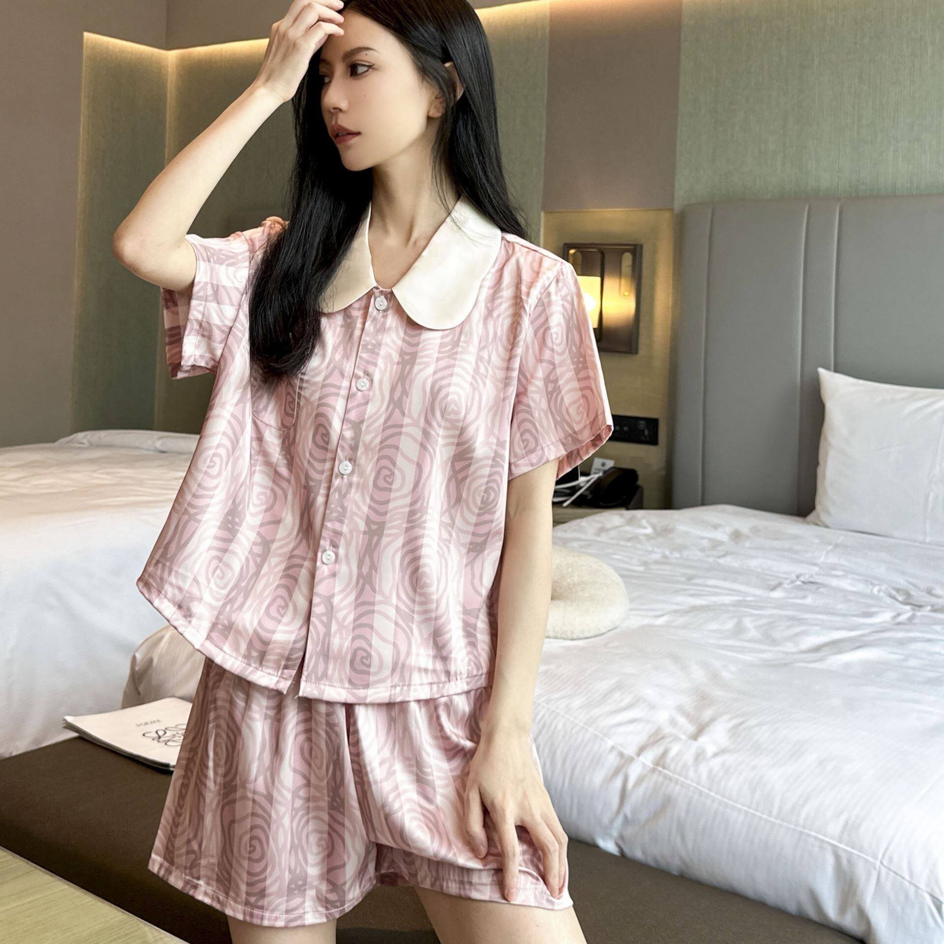 小红书真丝睡衣女夏娃娃领条纹甜美玫瑰冰雪丝短袖短裤薄款家居服