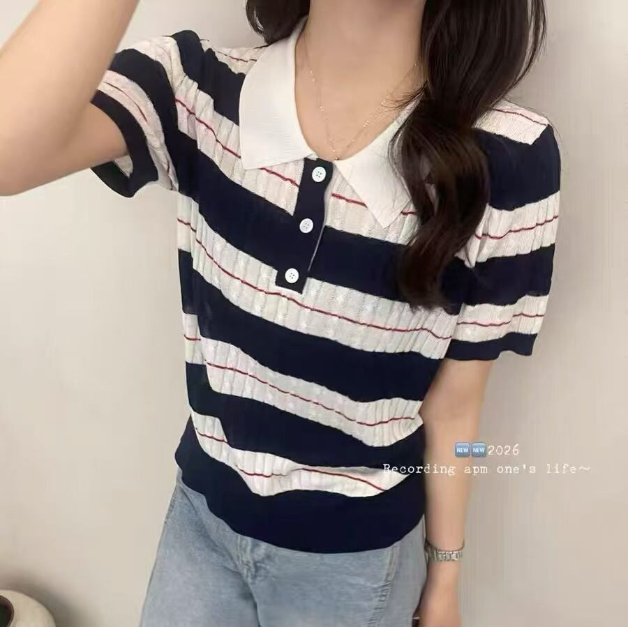 2026夏季新款韩版百搭显瘦短袖针织衫T恤女翻领宽条纹休闲上衣潮