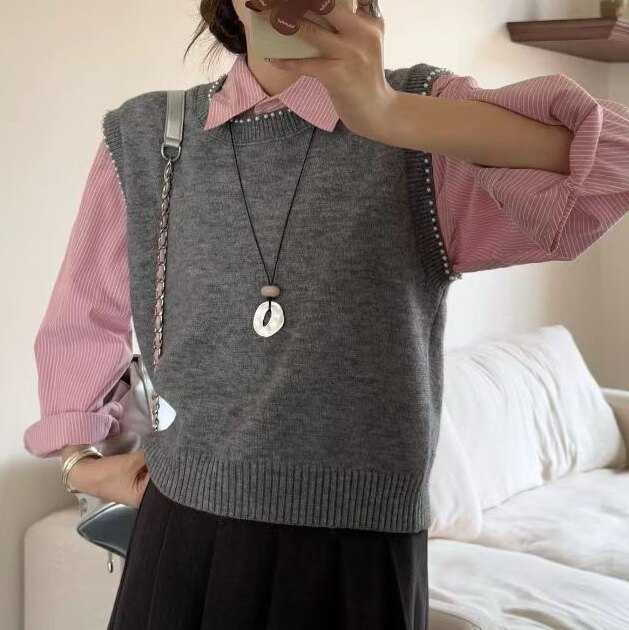 马甲女2025新款宽松无袖针织马甲背心外套春秋款订珍珠时尚