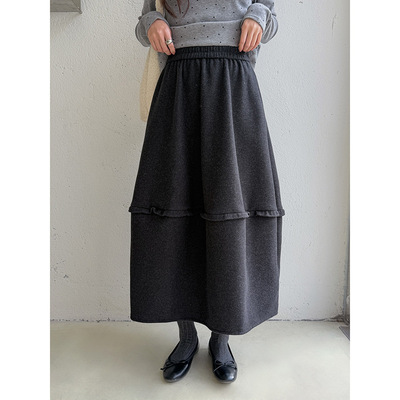 【德拉旧街】歌铭复古木耳边拼接呢子花苞裙冬季新款半身裙N927C