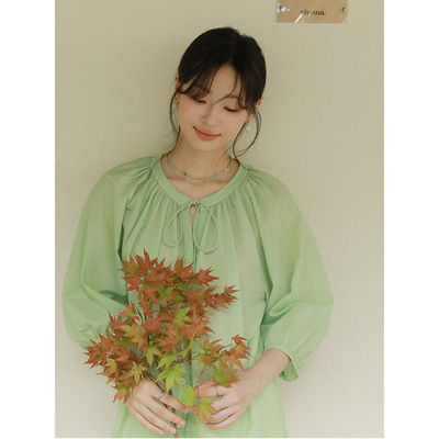 【橡木与青苔】歌铭法式复古七分袖衬衫女秋季新款绑带上衣T1992F