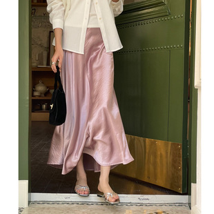 法式复古醋酸丝绸缎面半身裙女春秋高级感高腰鱼尾半裙加长款包臀