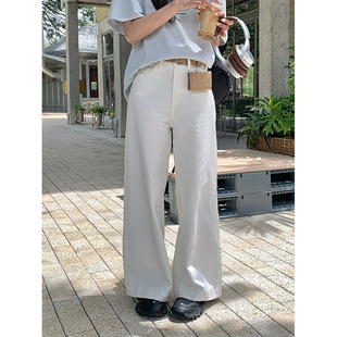 女2025夏潮流休闲百搭长裤 黄峥皮带腰包装 饰阔腿直筒牛仔裤