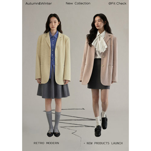 【歌铭】复古仿鹿皮绒翻领西服女春季新款宽松通勤纯色外套W709B