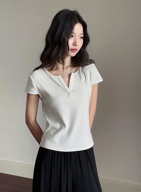 【出门搭子亨利领tee】歌铭正肩V领T恤夏季新款通勤短袖上衣W349C