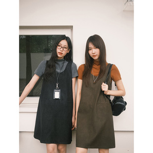 【黄油可露丽 套装】歌铭打底T恤+PU皮背心连衣裙秋季两件套W456C