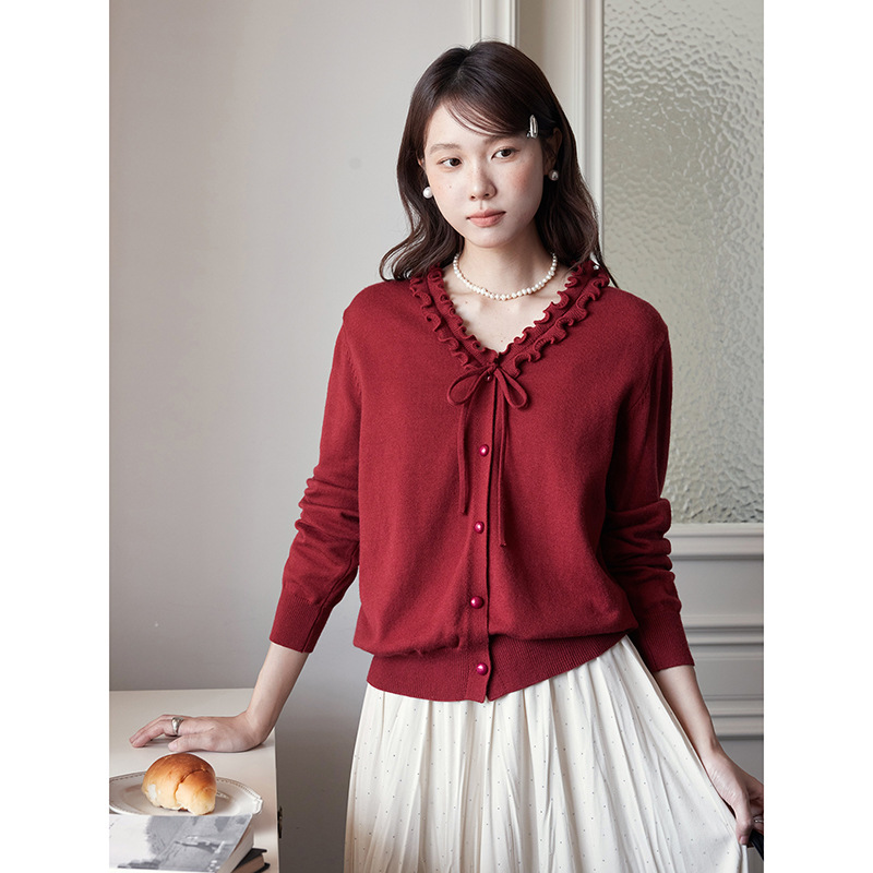 【歌铭】法式复古木耳花边系带针织开衫女秋季新款长袖上衣J706C