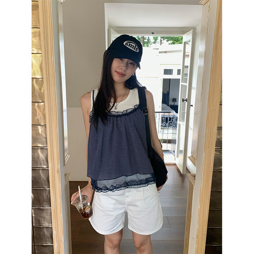 黄峥韩版小众设计感拼接木耳花边条纹吊带女恋夏风穿搭背心