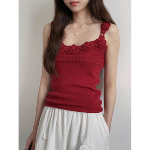 法式复古设计感小众立体钩花针织无袖背心女夏季挂脖吊带打底外穿