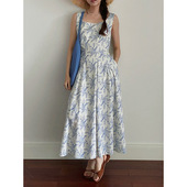 歌铭复古方领碎花连衣裙夏季 2色 度假风背带裙W238C 约会南法