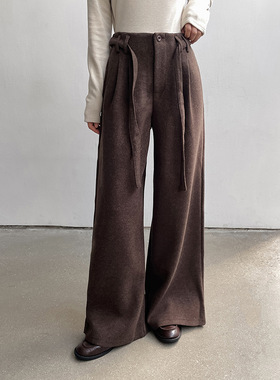 【歌铭】韩系通勤呢料本色腰带高腰裤女冬季新款阔腿休闲裤N747C