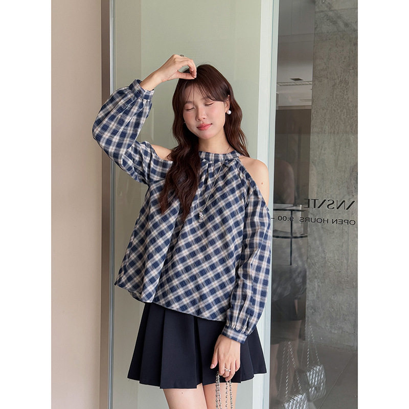 【千金玛德琳】歌铭设计感挂脖露肩衬衫女秋季新款长袖上衣N477C