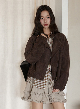 【麂棕漫迹】歌铭美式复古仿麂皮绒外套女装秋季新款机车服N429C