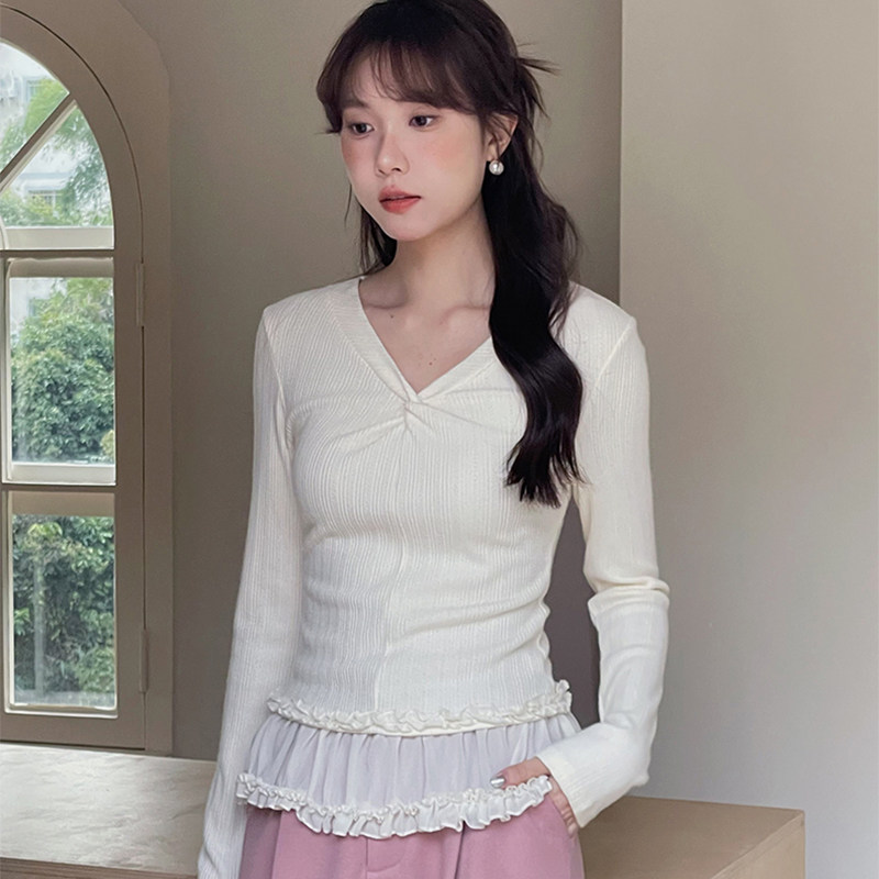 韩系穿搭法式气质V领蕾丝花边拼接打底衫女春显瘦百搭修身T恤长袖,女装/女士精品,衬衫,淘宝优惠券,粉丝福利购,淘宝优惠卷