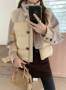 【歌铭】复古仿羊羔毛拼接立领外套女装冬季韩系通勤羽绒服N946C