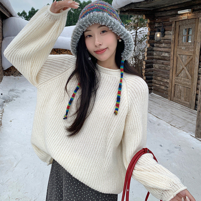 慵懒卷边厚毛衣女冬针织上衣宽松图片