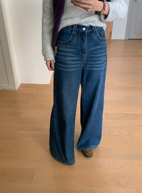 黄峥韩系加绒阔腿牛仔裤女25冬季新款宽松百搭显瘦直筒长裤541180