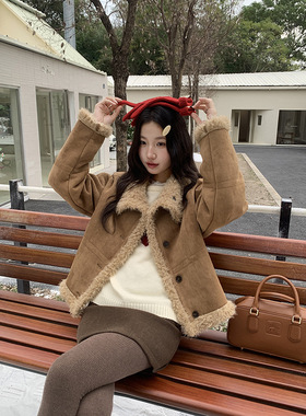 【雪顶布朗尼】歌铭复古仿麂皮绒皮毛一体外套冬季新款上衣W863C