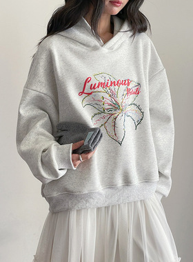 【冬日灵动感】歌铭法式复古花灰印花连帽卫衣女冬长袖上衣S7034F