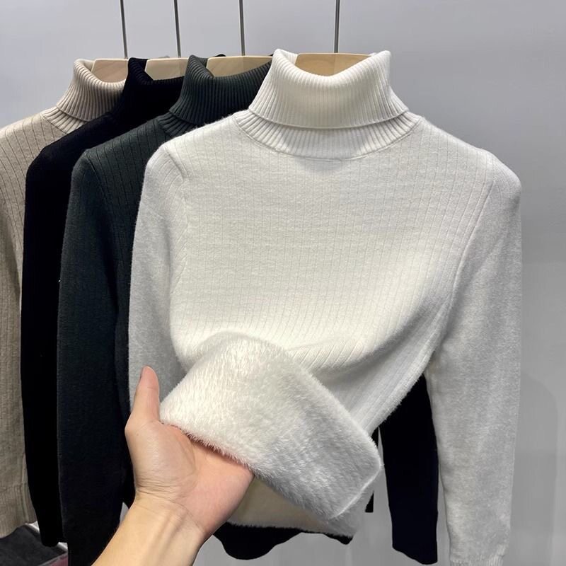 高领加绒毛衣女加厚百搭棉服打底衫一体绒宽松秋冬新款保暖衣针织