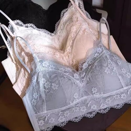 原版美背吊带文胸舒适无钢圈聚拢上托大U美背法式蕾丝三角杯内衣