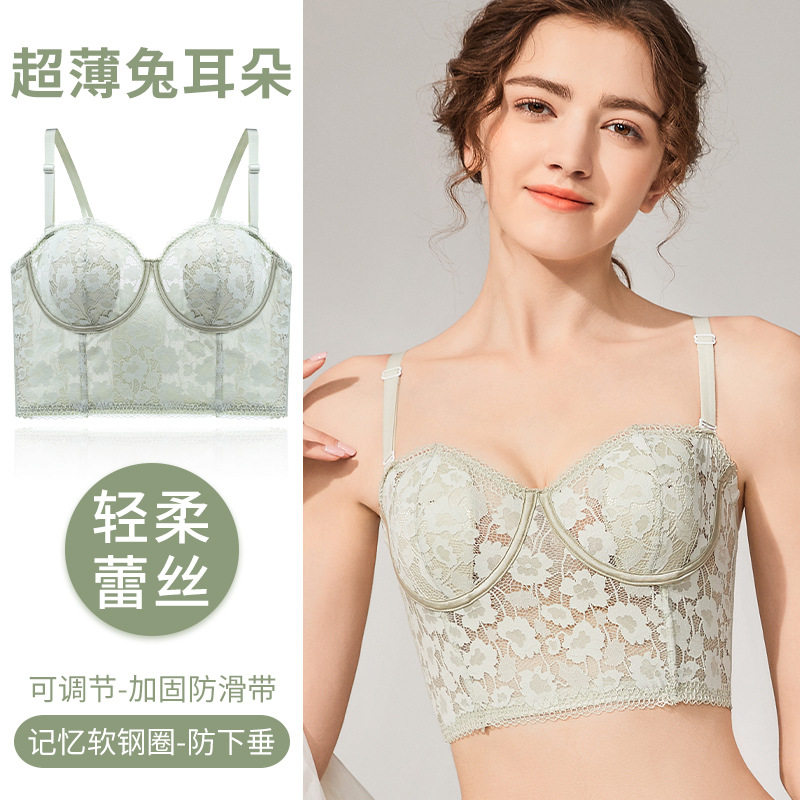 无肩带水晶杯兔耳朵6排扣复古款中长版软钢圈薄款内衣时尚女文胸