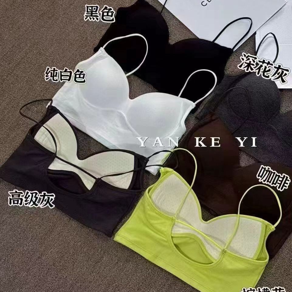 6086法式设计细带胸垫一体文胸 美背吊带固定胸垫外穿运动