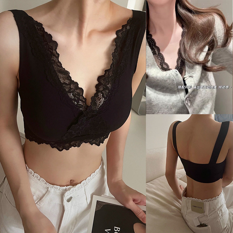 法式深v蕾丝性感内衣女薄款聚拢提拉无钢圈宽肩套头背心式文胸罩