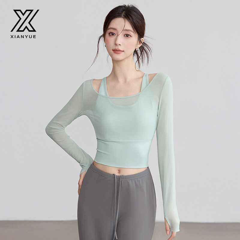 秋冬季瑜伽服运动上衣罩衫显瘦紧身长袖带胸垫跑步训练健身t恤