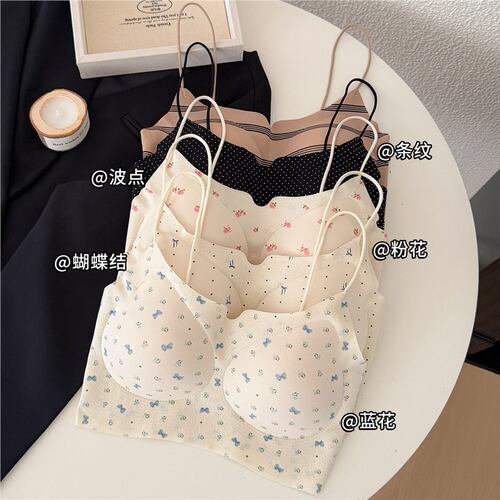新款碎花小胸聚拢内衣女抹胸细肩带固定杯吊带背心防走光无痕文胸
