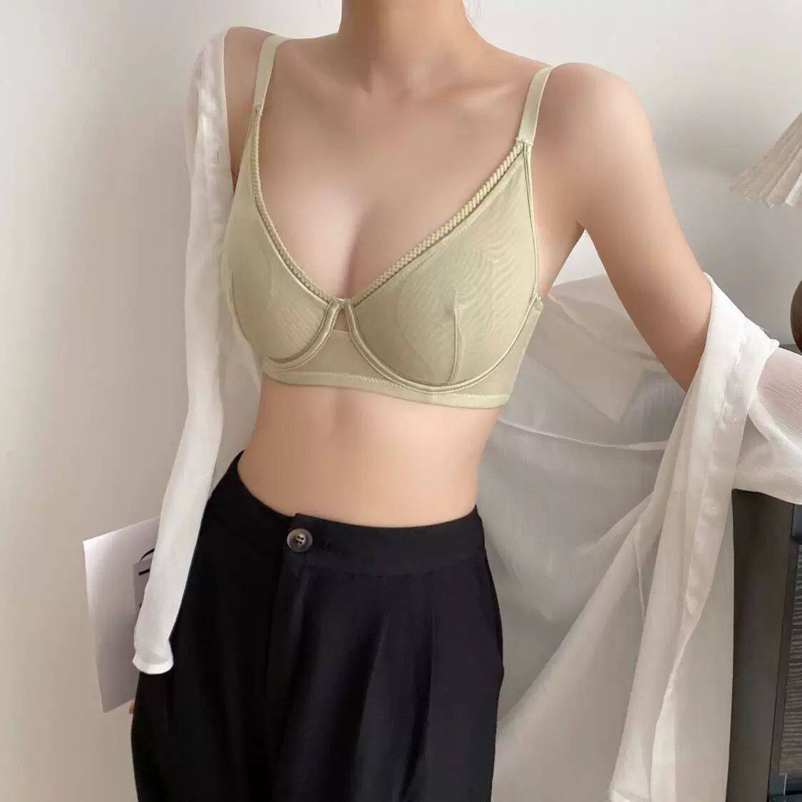 性感网纱超薄款内衣女士大胸显小大码调整型软钢圈上托防下垂胸罩