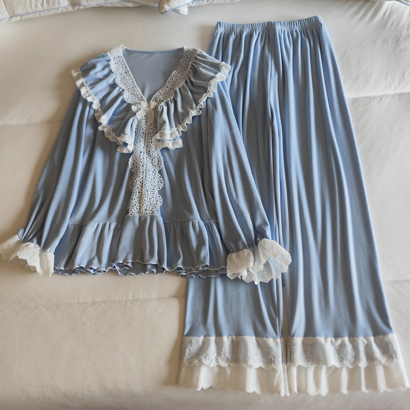 海岛绒V领公主风睡衣套装